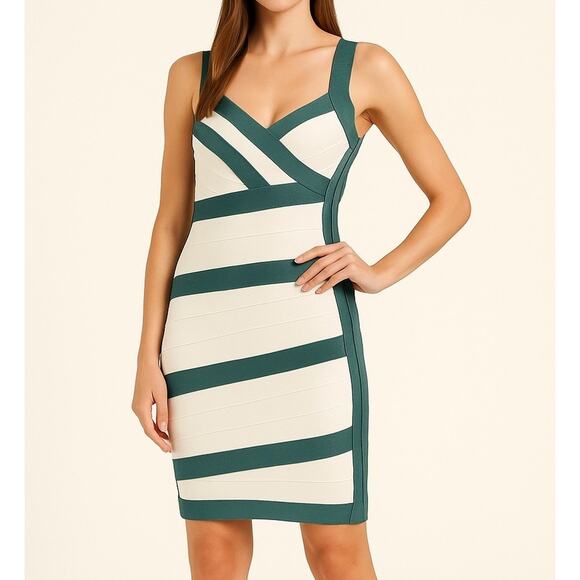 Herve Leger Bandage Mini Dress Teal White Striped Bodycon Women's Size Small - Picture 1 of 11